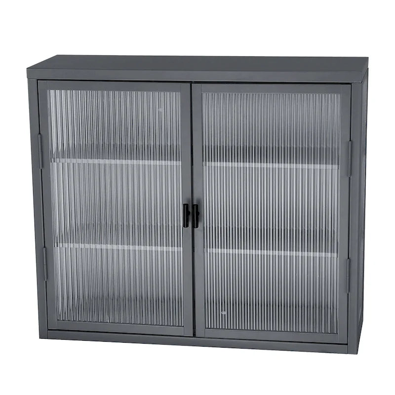 Glass Door Wall Cabinet - 3-Tier Shelves, Fluted Glass, Steel Frame, Wall/Floor Mount, 33 lbs Capacity, Retro Style
