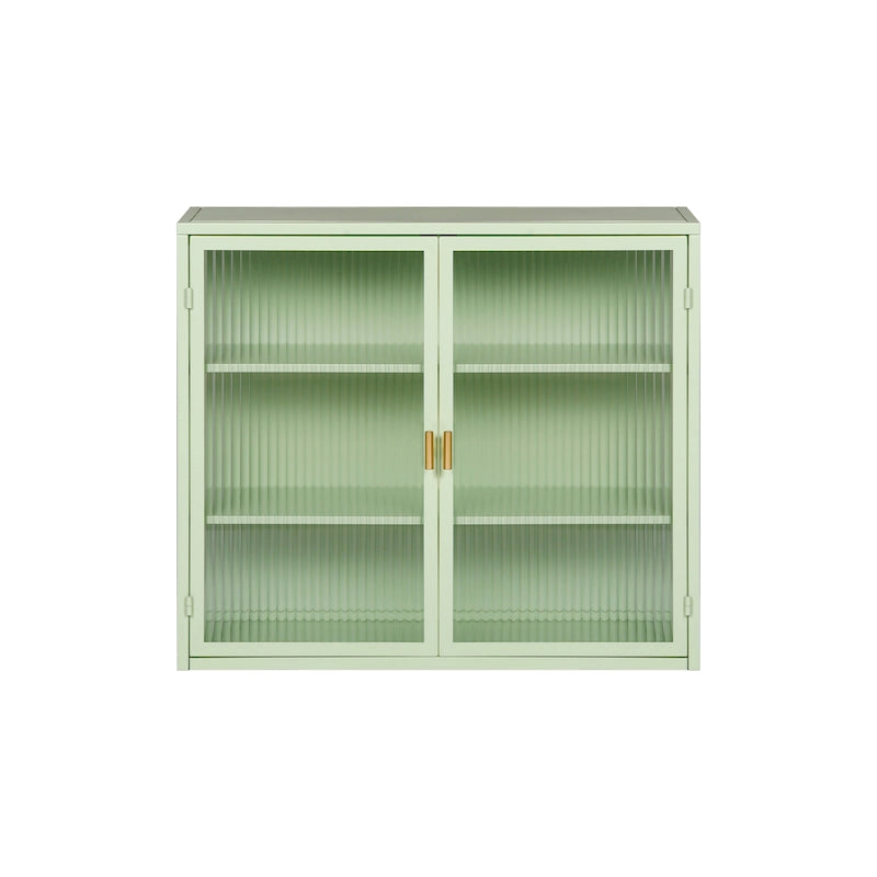 Glass Door Wall Cabinet - 3-Tier Shelves, Fluted Glass, Steel Frame, Wall/Floor Mount, 33 lbs Capacity, Retro Style