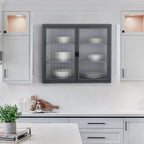 Glass Door Wall Cabinet - 3-Tier Shelves, Fluted Glass, Steel Frame, Wall/Floor Mount, 33 lbs Capacity, Retro Style