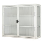 Glass Door Wall Cabinet - 3-Tier Shelves, Fluted Glass, Steel Frame, Wall/Floor Mount, 33 lbs Capacity, Retro Style