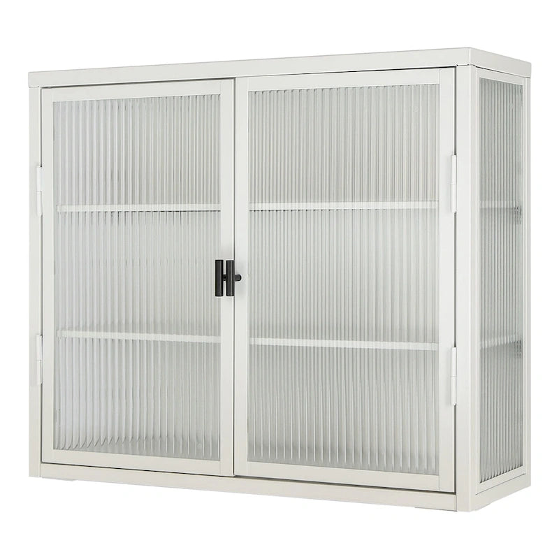Glass Door Wall Cabinet - 3-Tier Shelves, Fluted Glass, Steel Frame, Wall/Floor Mount, 33 lbs Capacity, Retro Style