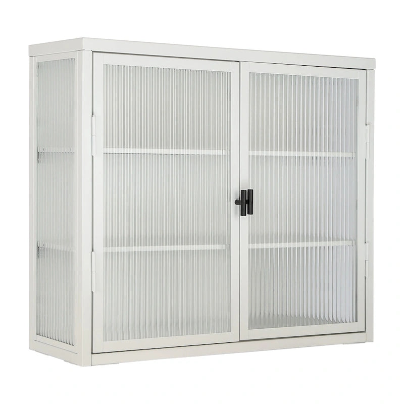 Glass Door Wall Cabinet - 3-Tier Shelves, Fluted Glass, Steel Frame, Wall/Floor Mount, 33 lbs Capacity, Retro Style