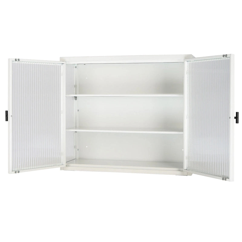 Glass Door Wall Cabinet - 3-Tier Shelves, Fluted Glass, Steel Frame, Wall/Floor Mount, 33 lbs Capacity, Retro Style