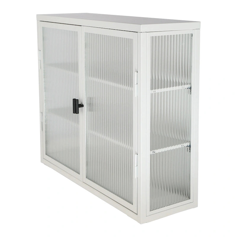Glass Door Wall Cabinet - 3-Tier Shelves, Fluted Glass, Steel Frame, Wall/Floor Mount, 33 lbs Capacity, Retro Style
