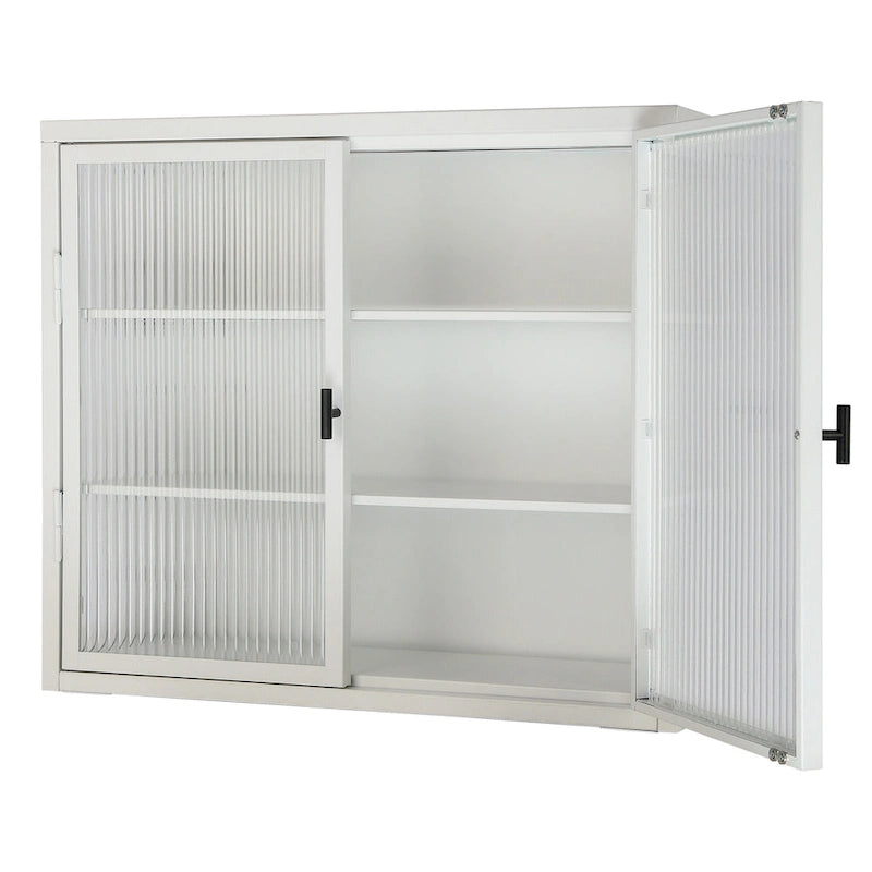 Glass Door Wall Cabinet - 3-Tier Shelves, Fluted Glass, Steel Frame, Wall/Floor Mount, 33 lbs Capacity, Retro Style