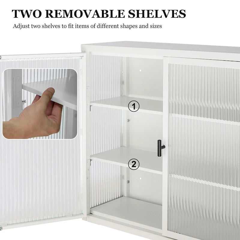 Glass Door Wall Cabinet - 3-Tier Shelves, Fluted Glass, Steel Frame, Wall/Floor Mount, 33 lbs Capacity, Retro Style