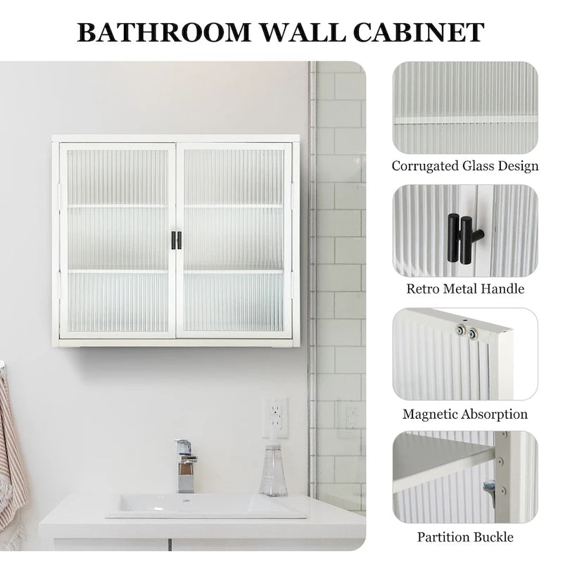 Glass Door Wall Cabinet - 3-Tier Shelves, Fluted Glass, Steel Frame, Wall/Floor Mount, 33 lbs Capacity, Retro Style