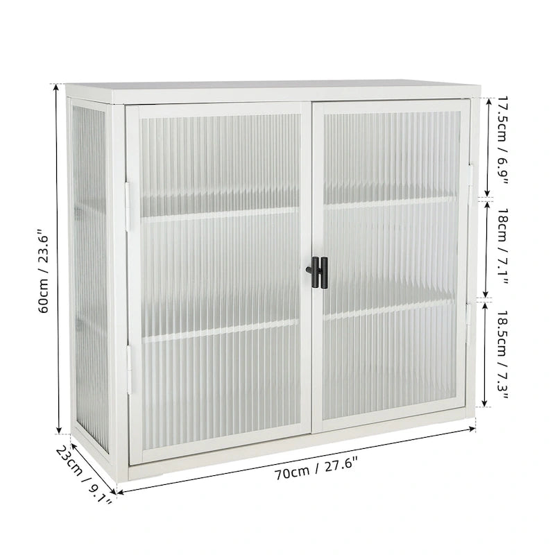 Glass Door Wall Cabinet - 3-Tier Shelves, Fluted Glass, Steel Frame, Wall/Floor Mount, 33 lbs Capacity, Retro Style