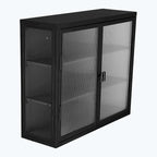 Glass Door Wall Cabinet - 3-Tier Shelves, Fluted Glass, Steel Frame, Wall/Floor Mount, 33 lbs Capacity, Retro Style
