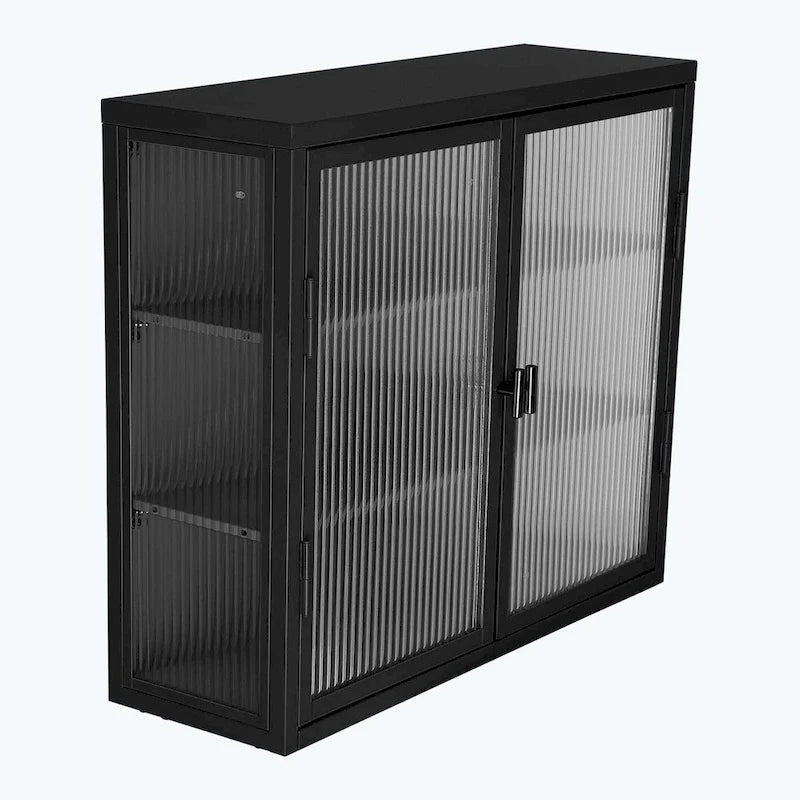 Glass Door Wall Cabinet - 3-Tier Shelves, Fluted Glass, Steel Frame, Wall/Floor Mount, 33 lbs Capacity, Retro Style