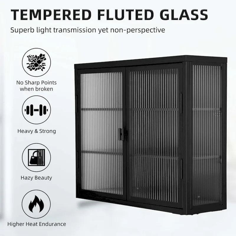 Glass Door Wall Cabinet - 3-Tier Shelves, Fluted Glass, Steel Frame, Wall/Floor Mount, 33 lbs Capacity, Retro Style