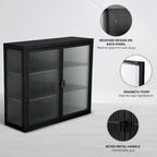Glass Door Wall Cabinet - 3-Tier Shelves, Fluted Glass, Steel Frame, Wall/Floor Mount, 33 lbs Capacity, Retro Style