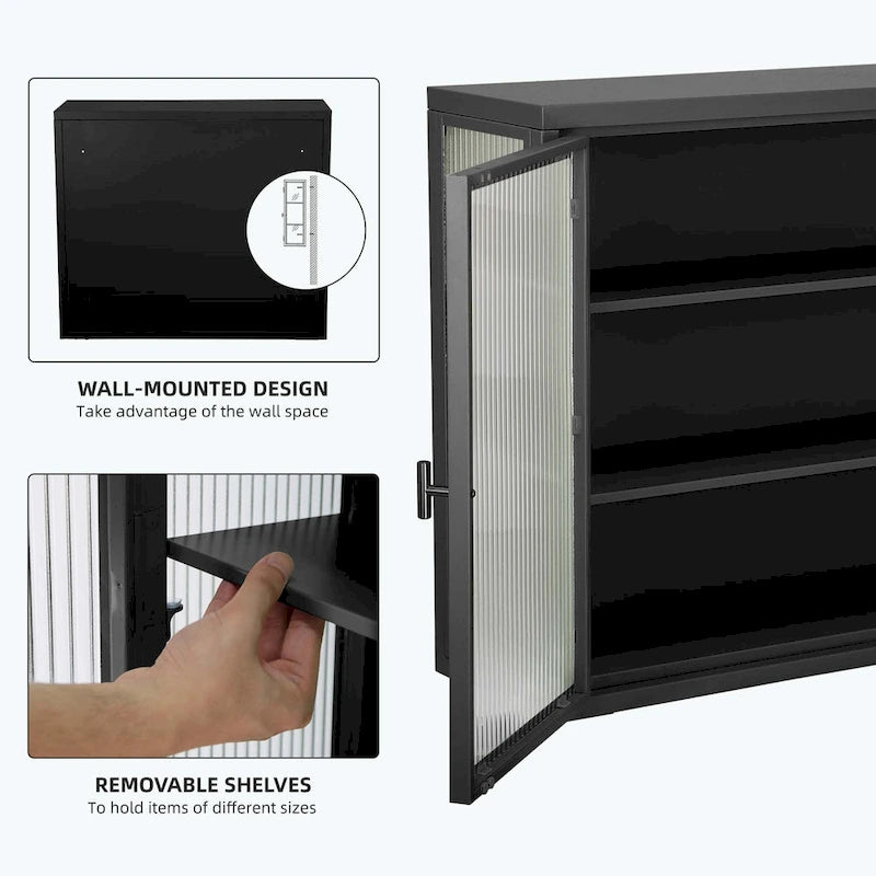 Glass Door Wall Cabinet - 3-Tier Shelves, Fluted Glass, Steel Frame, Wall/Floor Mount, 33 lbs Capacity, Retro Style
