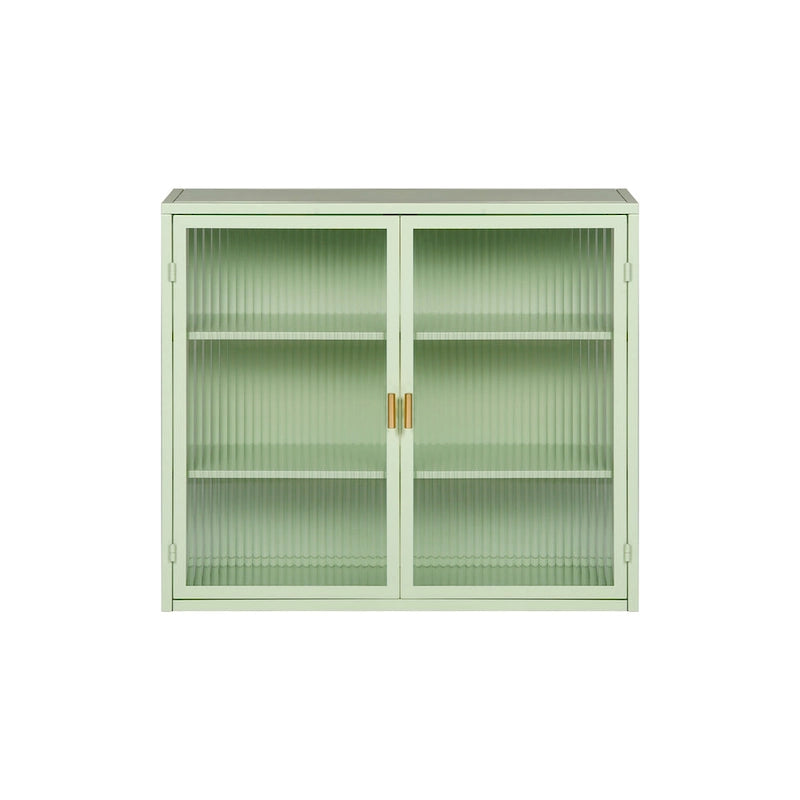 Glass Door Wall Cabinet - 3-Tier Shelves, Fluted Glass, Steel Frame, Wall/Floor Mount, 33 lbs Capacity, Retro Style