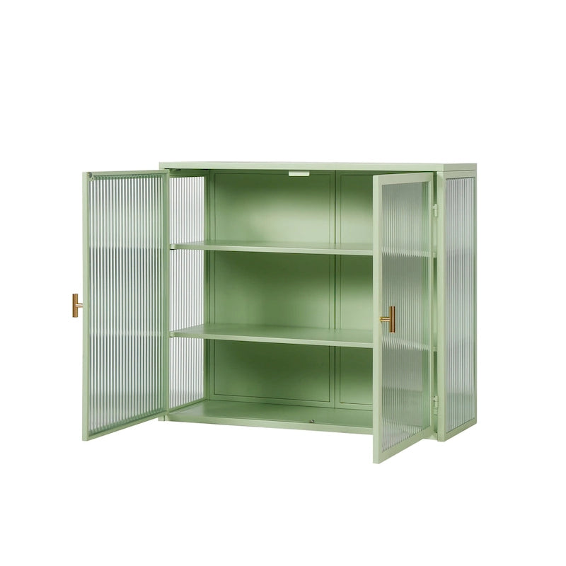 Glass Door Wall Cabinet - 3-Tier Shelves, Fluted Glass, Steel Frame, Wall/Floor Mount, 33 lbs Capacity, Retro Style