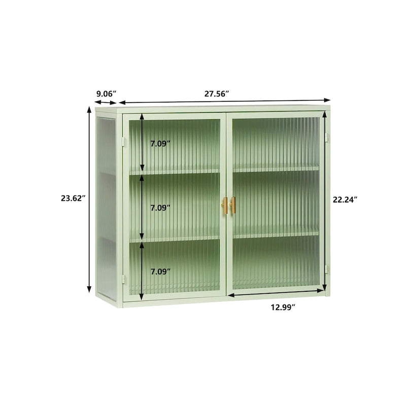 Glass Door Wall Cabinet - 3-Tier Shelves, Fluted Glass, Steel Frame, Wall/Floor Mount, 33 lbs Capacity, Retro Style
