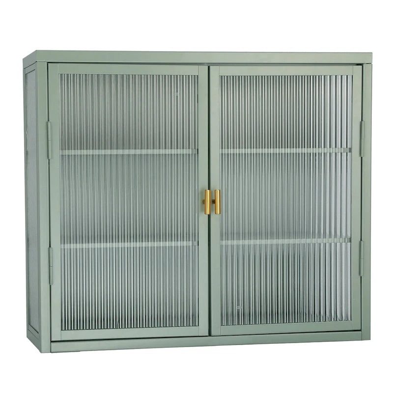 Glass Door Wall Cabinet - 3-Tier Shelves, Fluted Glass, Steel Frame, Wall/Floor Mount, 33 lbs Capacity, Retro Style