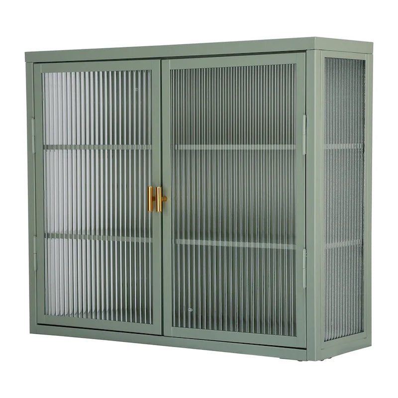 Glass Door Wall Cabinet - 3-Tier Shelves, Fluted Glass, Steel Frame, Wall/Floor Mount, 33 lbs Capacity, Retro Style