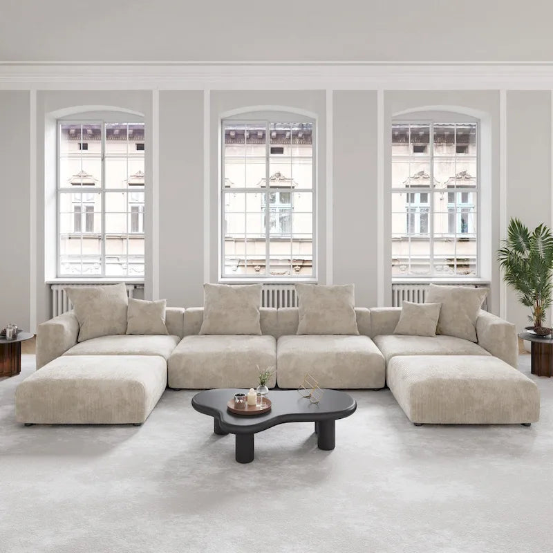 Corduroy Sofa - 181.1"W, Oversized, Reversible, Removable Covers, 660 lbs/Seat, Solid Wood Frame, 6 Pillows, Black/Brown/Beige