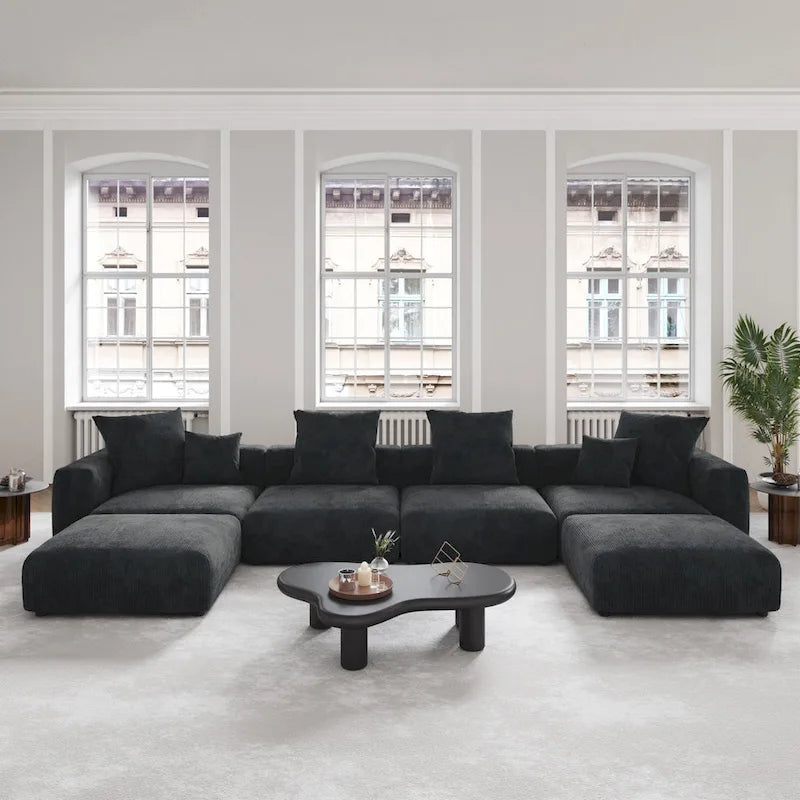 Corduroy Sofa - 181.1"W, Oversized, Reversible, Removable Covers, 660 lbs/Seat, Solid Wood Frame, 6 Pillows, Black/Brown/Beige