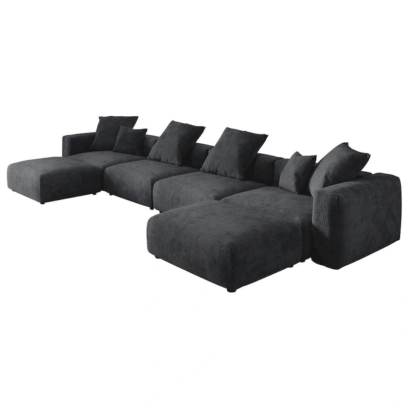 Corduroy Sofa - 181.1"W, Oversized, Reversible, Removable Covers, 660 lbs/Seat, Solid Wood Frame, 6 Pillows, Black/Brown/Beige