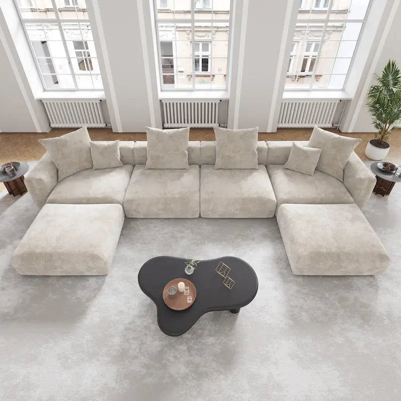 Corduroy Sofa - 181.1"W, Oversized, Reversible, Removable Covers, 660 lbs/Seat, Solid Wood Frame, 6 Pillows, Black/Brown/Beige