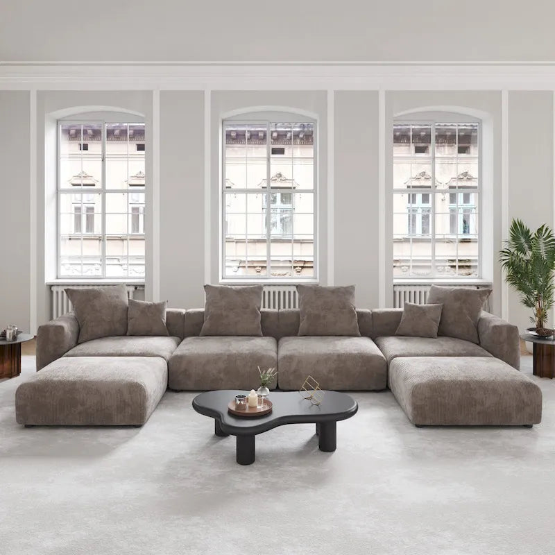 Corduroy Sofa - 181.1"W, Oversized, Reversible, Removable Covers, 660 lbs/Seat, Solid Wood Frame, 6 Pillows, Black/Brown/Beige