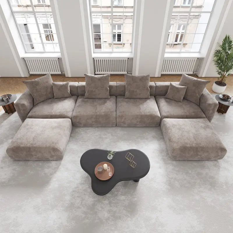 Corduroy Sofa - 181.1"W, Oversized, Reversible, Removable Covers, 660 lbs/Seat, Solid Wood Frame, 6 Pillows, Black/Brown/Beige