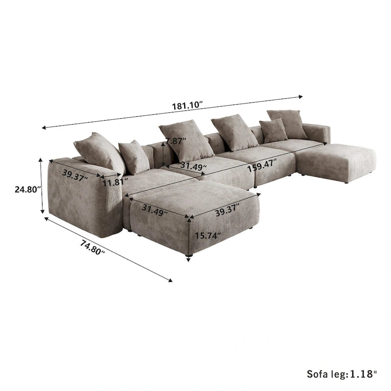 Corduroy Sofa - 181.1"W, Oversized, Reversible, Removable Covers, 660 lbs/Seat, Solid Wood Frame, 6 Pillows, Black/Brown/Beige