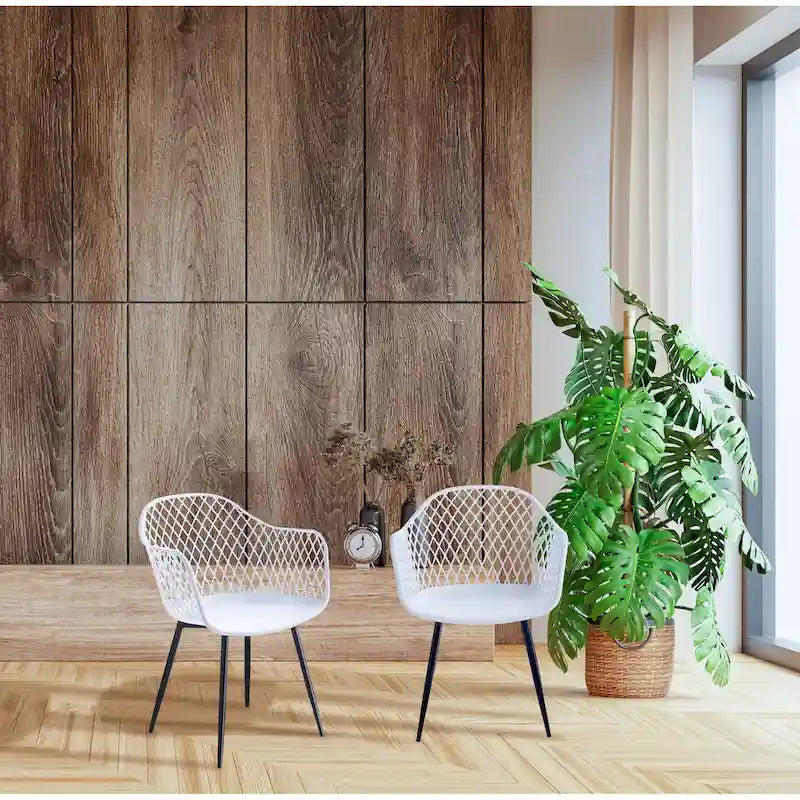 Dining Chairs with Armrests - Plastic/Iron, 23.6"W x 22"D x 32.9"H, Waterproof, Geometric Back, 3 Colors, 2 Chairs