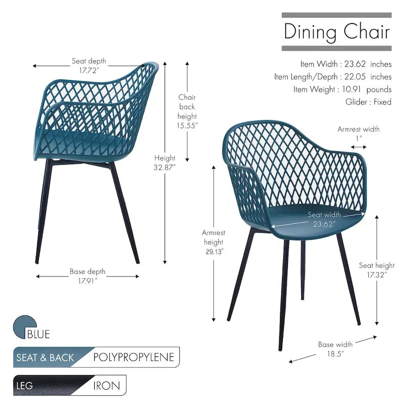 Dining Chairs with Armrests - Plastic/Iron, 23.6"W x 22"D x 32.9"H, Waterproof, Geometric Back, 3 Colors, 2 Chairs