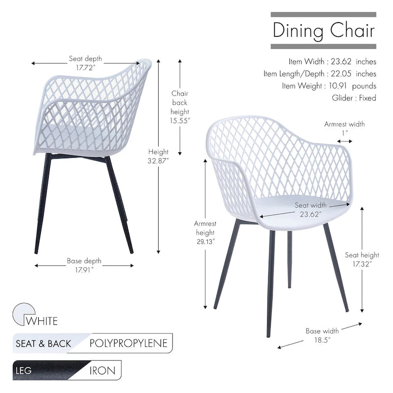 Dining Chairs with Armrests - Plastic/Iron, 23.6"W x 22"D x 32.9"H, Waterproof, Geometric Back, 3 Colors, 2 Chairs