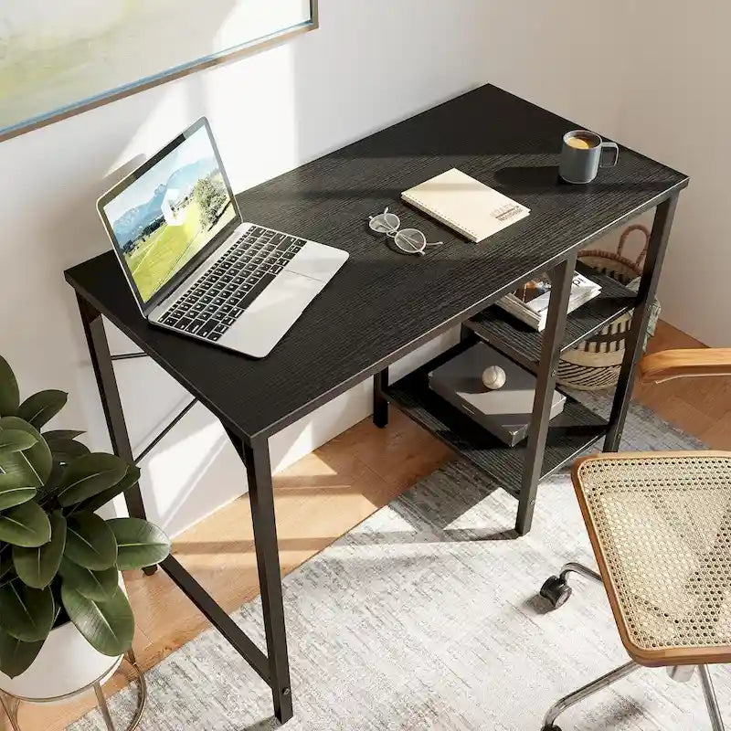 Home Office Desk - 35"W, Steel/Wood, 2-Tier Shelves, Adjustable Storage, Reinforced Braces, Brown/Black, Modern