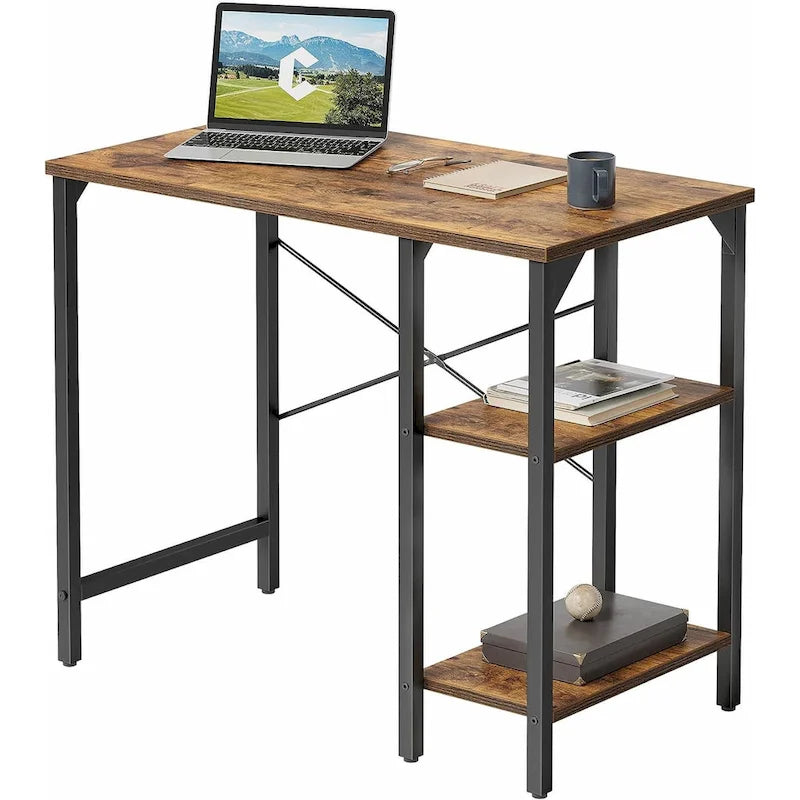 Home Office Desk - 35"W, Steel/Wood, 2-Tier Shelves, Adjustable Storage, Reinforced Braces, Brown/Black, Modern