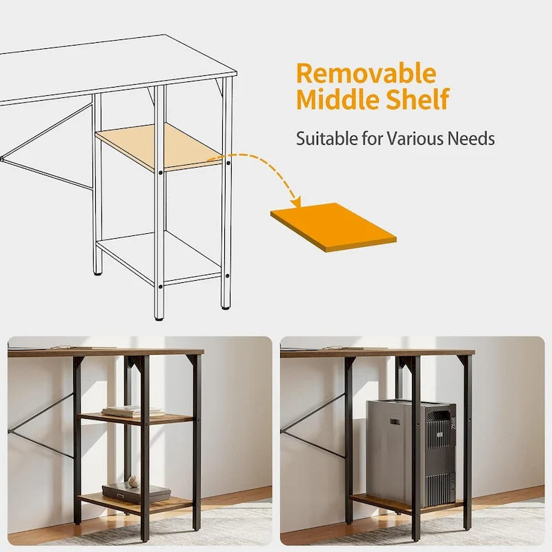 Home Office Desk - 35"W, Steel/Wood, 2-Tier Shelves, Adjustable Storage, Reinforced Braces, Brown/Black, Modern