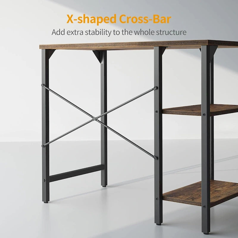 Home Office Desk - 35"W, Steel/Wood, 2-Tier Shelves, Adjustable Storage, Reinforced Braces, Brown/Black, Modern