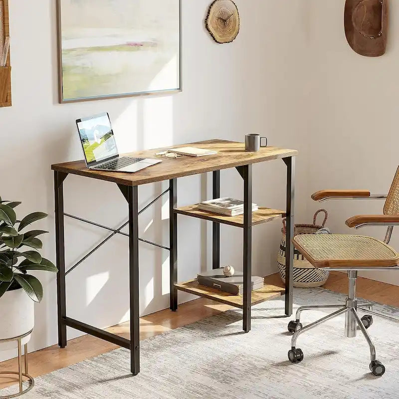 Home Office Desk - 35"W, Steel/Wood, 2-Tier Shelves, Adjustable Storage, Reinforced Braces, Brown/Black, Modern