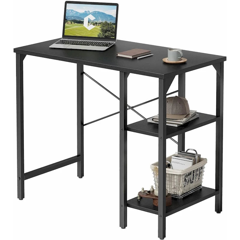 Home Office Desk - 35"W, Steel/Wood, 2-Tier Shelves, Adjustable Storage, Reinforced Braces, Brown/Black, Modern