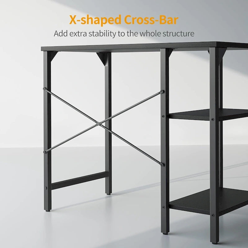 Home Office Desk - 35"W, Steel/Wood, 2-Tier Shelves, Adjustable Storage, Reinforced Braces, Brown/Black, Modern