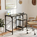 Home Office Desk - 35"W, Steel/Wood, 2-Tier Shelves, Adjustable Storage, Reinforced Braces, Brown/Black, Modern