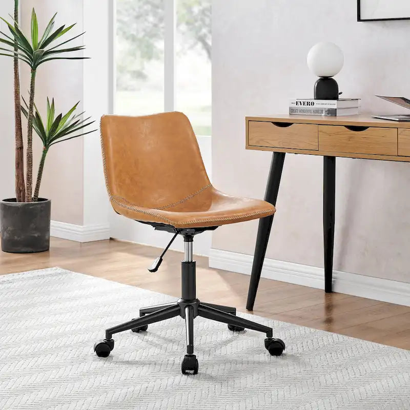 PU Swivel Office Chair - Faux Leather, 360° Swivel, Adjustable Height 18-22", Powder-Coated Steel, Casters, Brown/Grey