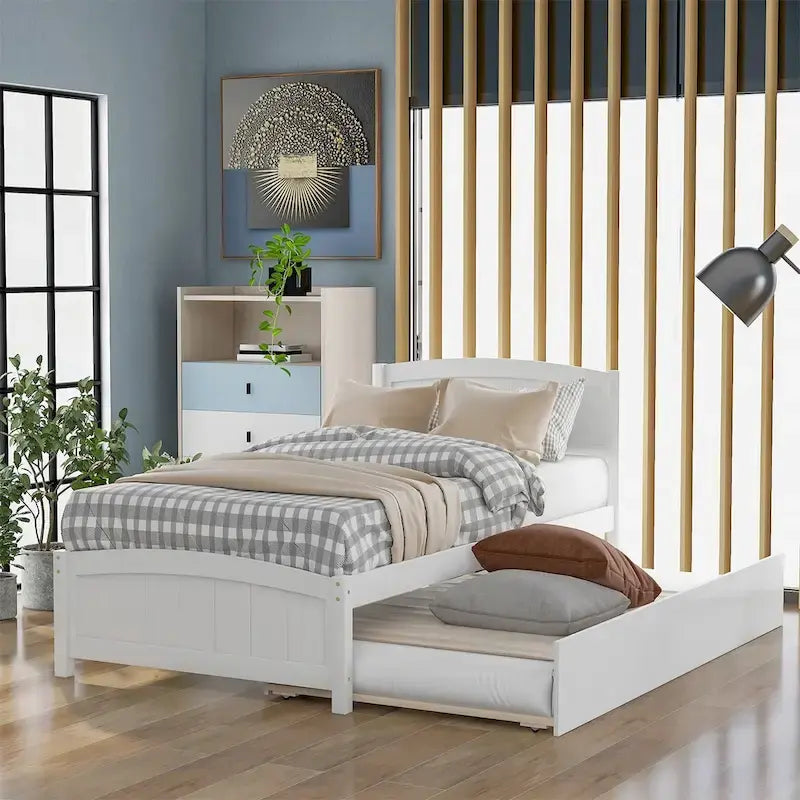 Platform Bed with Trundle - Twin, 79.5"L x 41.7"W x 37.5"H, Pine Wood, 10 Slats, 275 lbs, 3 Colors, Modern