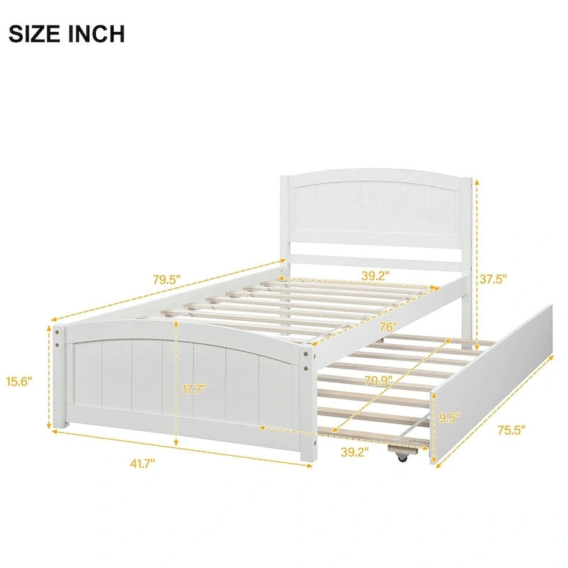 Platform Bed with Trundle - Twin, 79.5"L x 41.7"W x 37.5"H, Pine Wood, 10 Slats, 275 lbs, 3 Colors, Modern