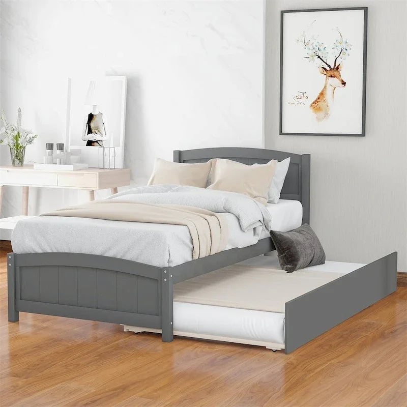 Platform Bed with Trundle - Twin, 79.5"L x 41.7"W x 37.5"H, Pine Wood, 10 Slats, 275 lbs, 3 Colors, Modern