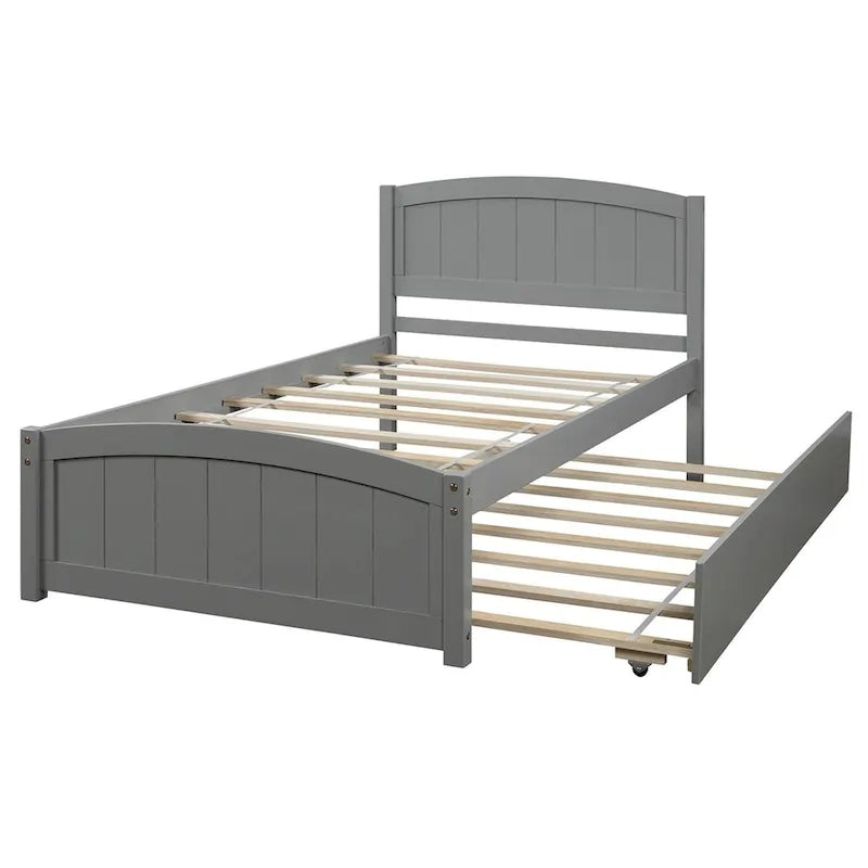 Platform Bed with Trundle - Twin, 79.5"L x 41.7"W x 37.5"H, Pine Wood, 10 Slats, 275 lbs, 3 Colors, Modern