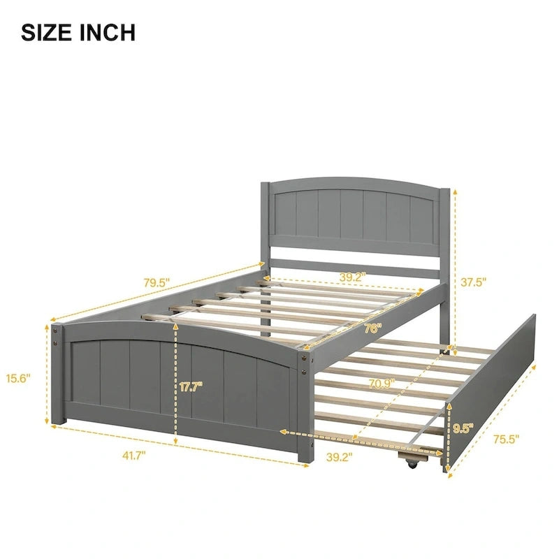 Platform Bed with Trundle - Twin, 79.5"L x 41.7"W x 37.5"H, Pine Wood, 10 Slats, 275 lbs, 3 Colors, Modern