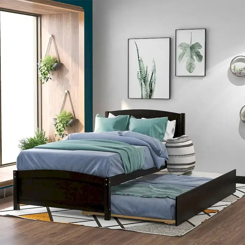 Platform Bed with Trundle - Twin, 79.5"L x 41.7"W x 37.5"H, Pine Wood, 10 Slats, 275 lbs, 3 Colors, Modern