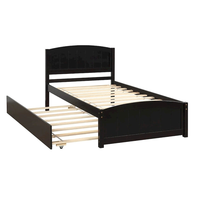 Platform Bed with Trundle - Twin, 79.5"L x 41.7"W x 37.5"H, Pine Wood, 10 Slats, 275 lbs, 3 Colors, Modern