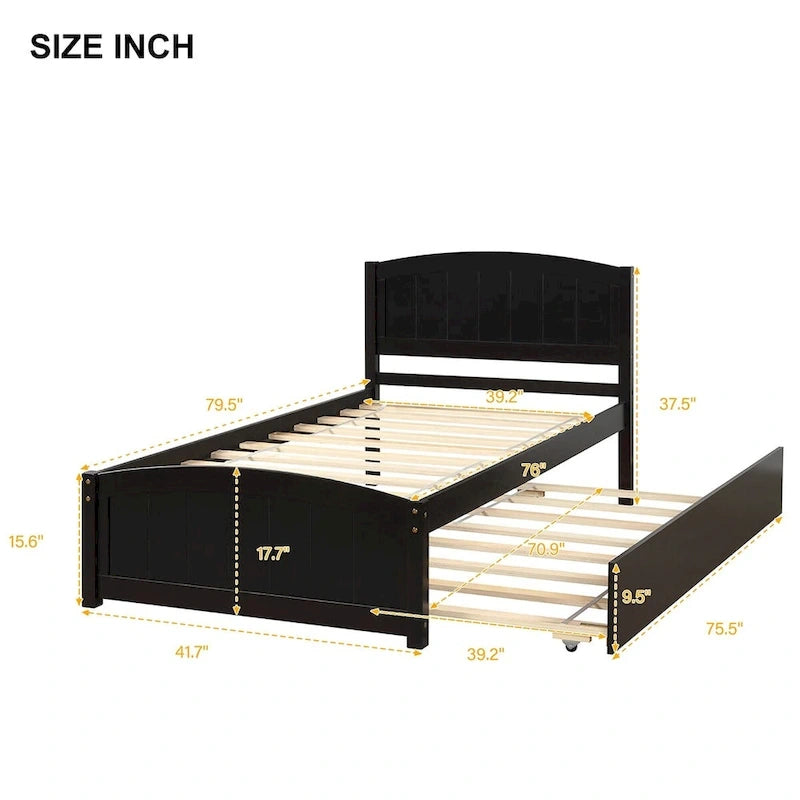 Platform Bed with Trundle - Twin, 79.5"L x 41.7"W x 37.5"H, Pine Wood, 10 Slats, 275 lbs, 3 Colors, Modern