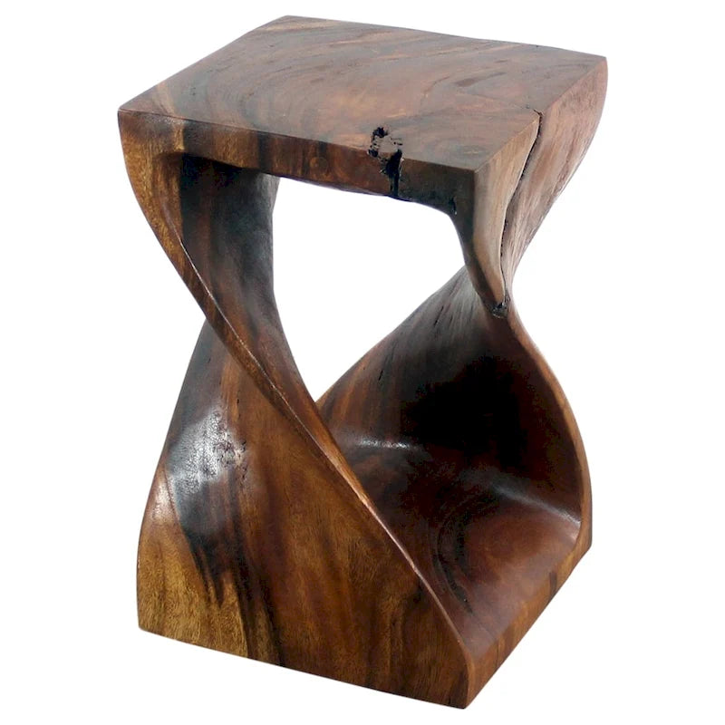 Hand-Carved Wood Twist Stool 12x12x18" - Eco-Friendly Solid Wood, Walnut Oil Finish, Rustic Style